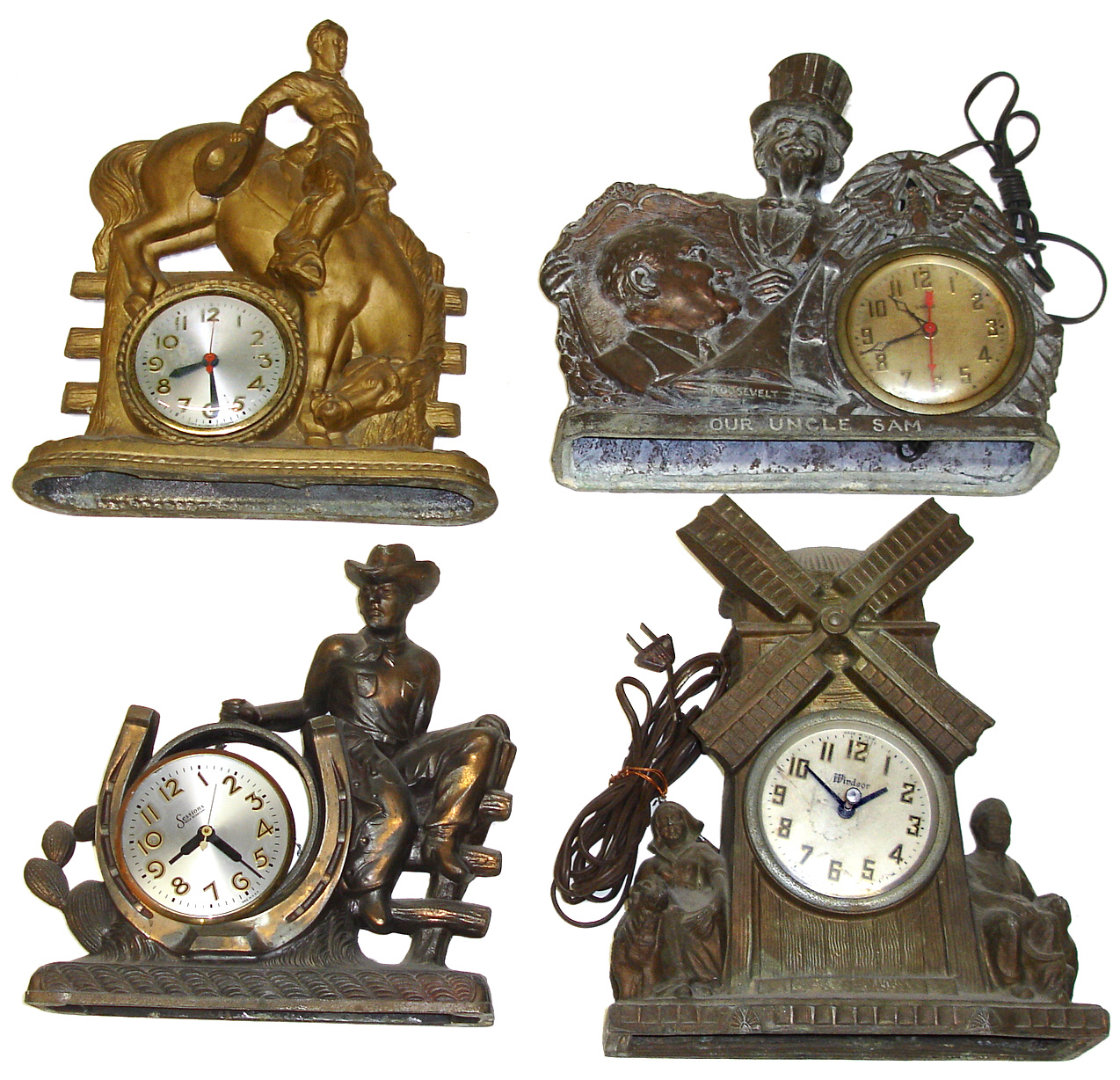Four large electric cast metal figural clocks. 2 cowboys, Windsor windmill and United FDR and Uncle Sam, tallest is 14" high. — Antique Clocks Price Guide