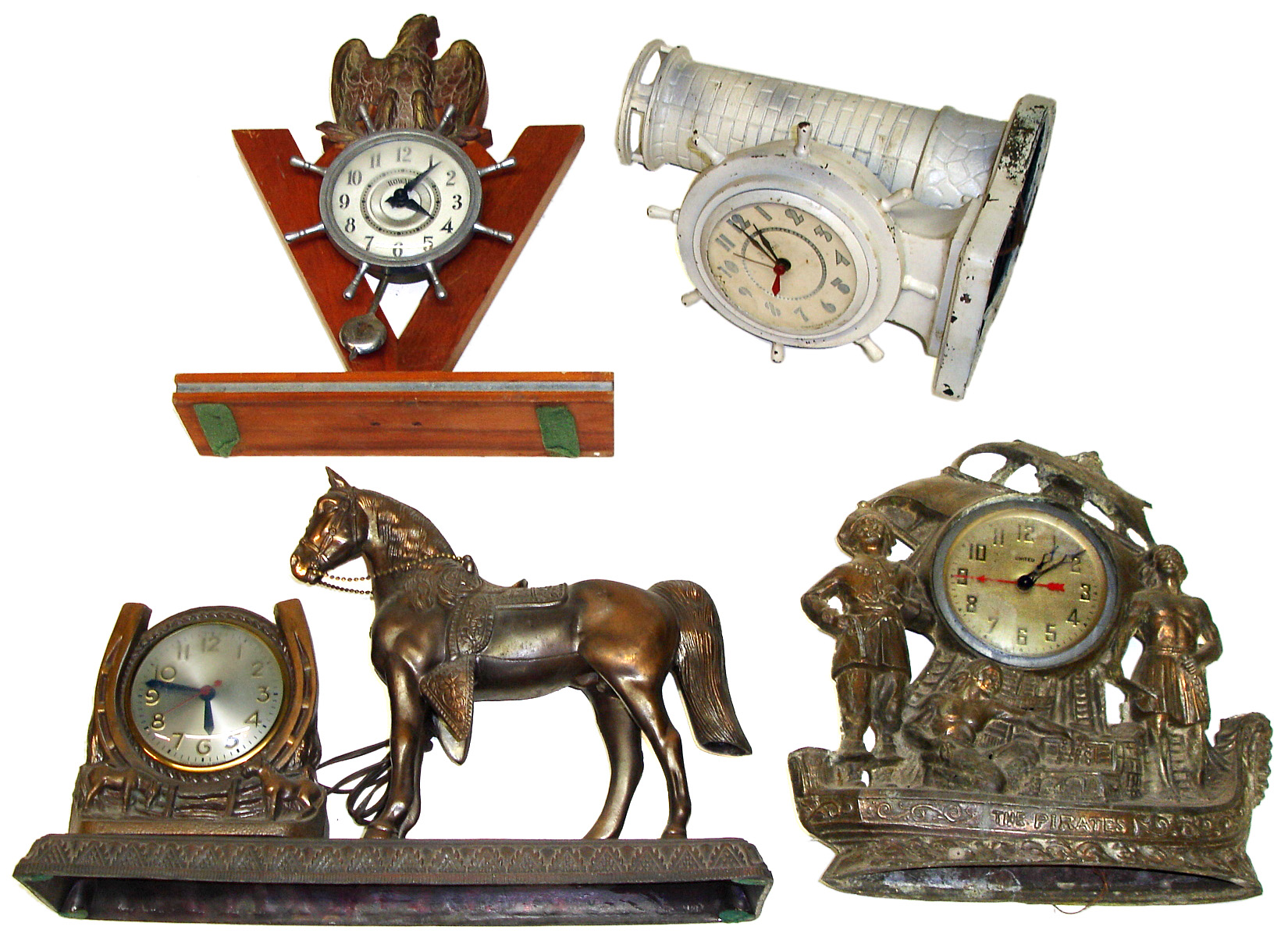 Four electric cast metal figural clocks. Includes United Pirates, "Howard" V and eagle, Admiral lighthouse lamp, and Sessions horse and lucky horseshoe. Tallest is 13" high. — Antique Clocks Price Guide