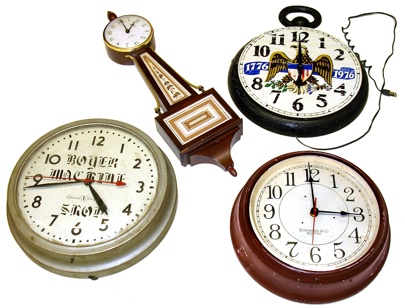 Four electric wall clocks. Includes Howard round slave clock (converted to quartz) and Seth Thomas banjo 24" tall. — Antique Clocks Price Guide