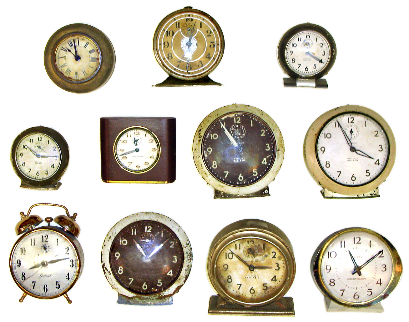 Eleven wind-up alarm clocks. 5 Big Ben, 2 Baby Ben, Seth Thomas, Regent of Chicago, St. Regis, and Gabriel. — Antique Clocks Price Guide