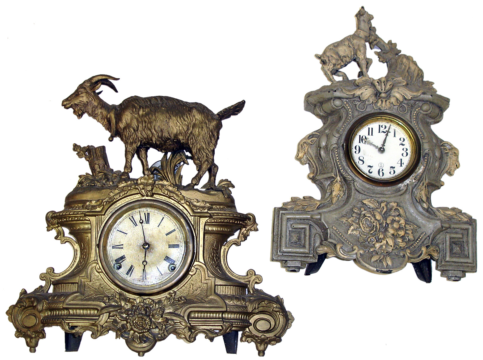 Two Connecticut 8 day cast-metal figural goat mantel clocks. Perfect for the goat enthusiast, detailed heavy castings. Tallest is 17" high. — Antique Clocks Price Guide