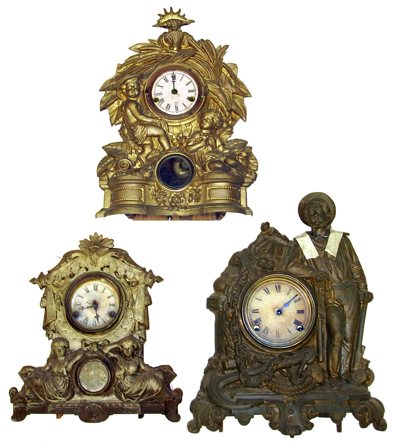 Three metal front Connecticut mantel clocks. Detailed cast fronts, wood boxes behind. Two are 30 hour, 8 day tallest (damaged) of standing sailor is 18" high. — Antique Clocks Price Guide