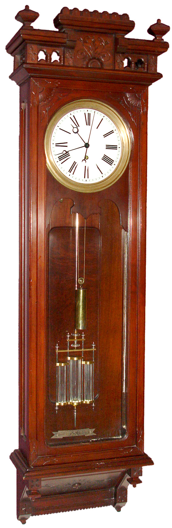 Wm. L. Gilbert Clock Co., Winsted, Conn., "Regulator No. 18" wall clock 8 day time only weight driven movement in mahogany case with porcelain enamel dial and sweep seconds hand, and 3-jar mercury pendulum (less mercury) c1901 — Antique Clocks Price Guide