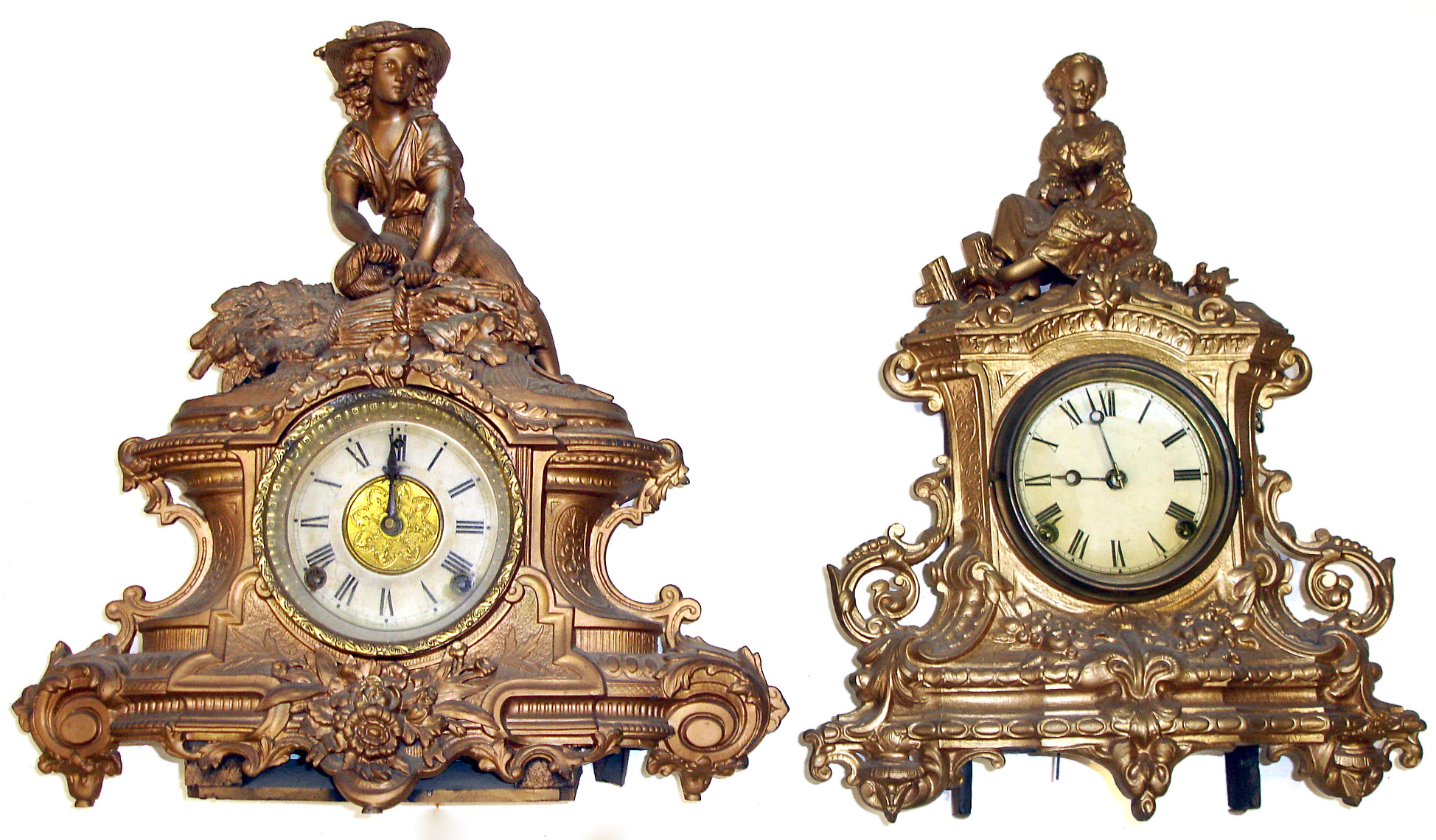 Two Connecticut 8 day gold figural mantel clocks. Includes "Reaper" model seen in Mathew Brady portrait photos. Both 18" tall. — Antique Clocks Price Guide