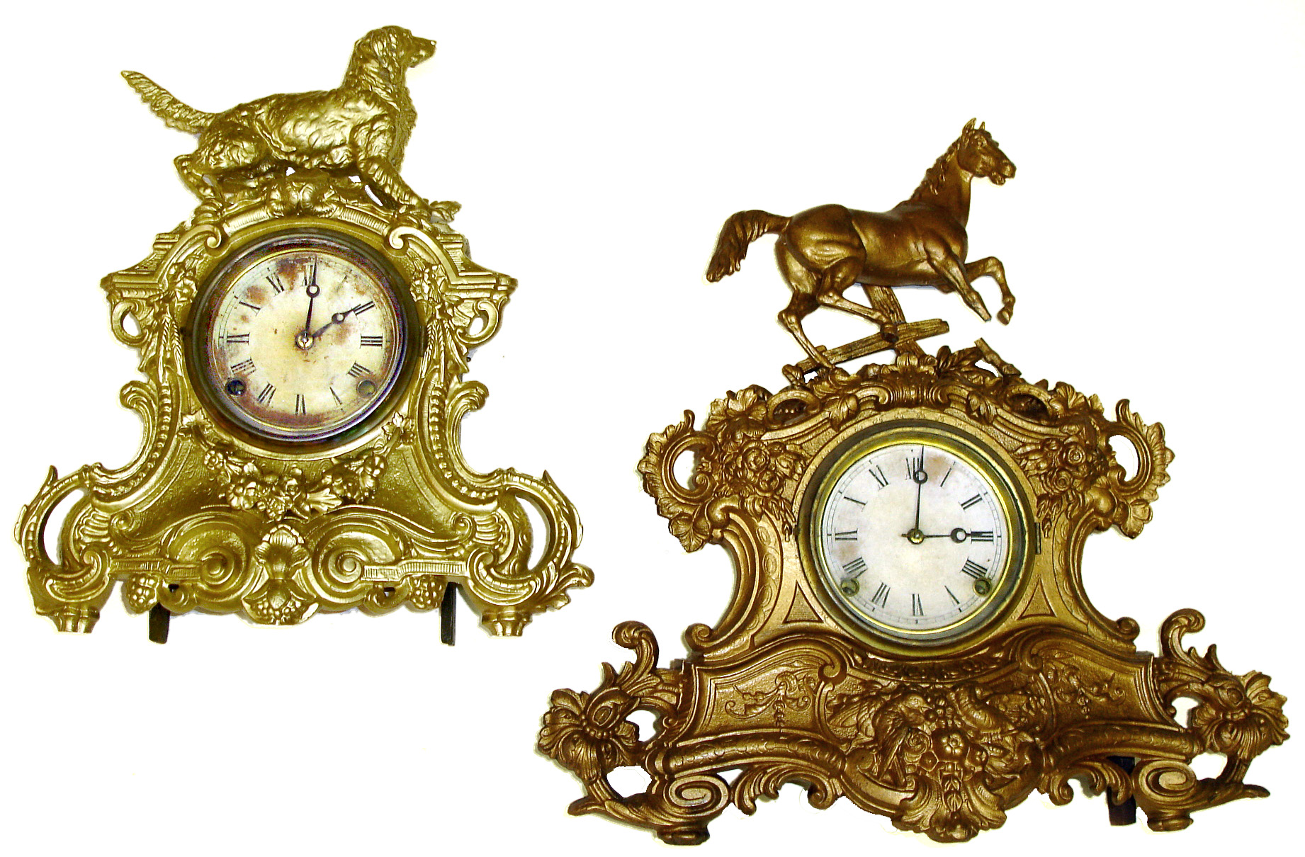 Two Connecticut 8 day gold figural mantel clocks. Smaller has great shaggy dog posing on top. Larger with horse, is Muller case 111B, 18" tall. — Antique Clocks Price Guide