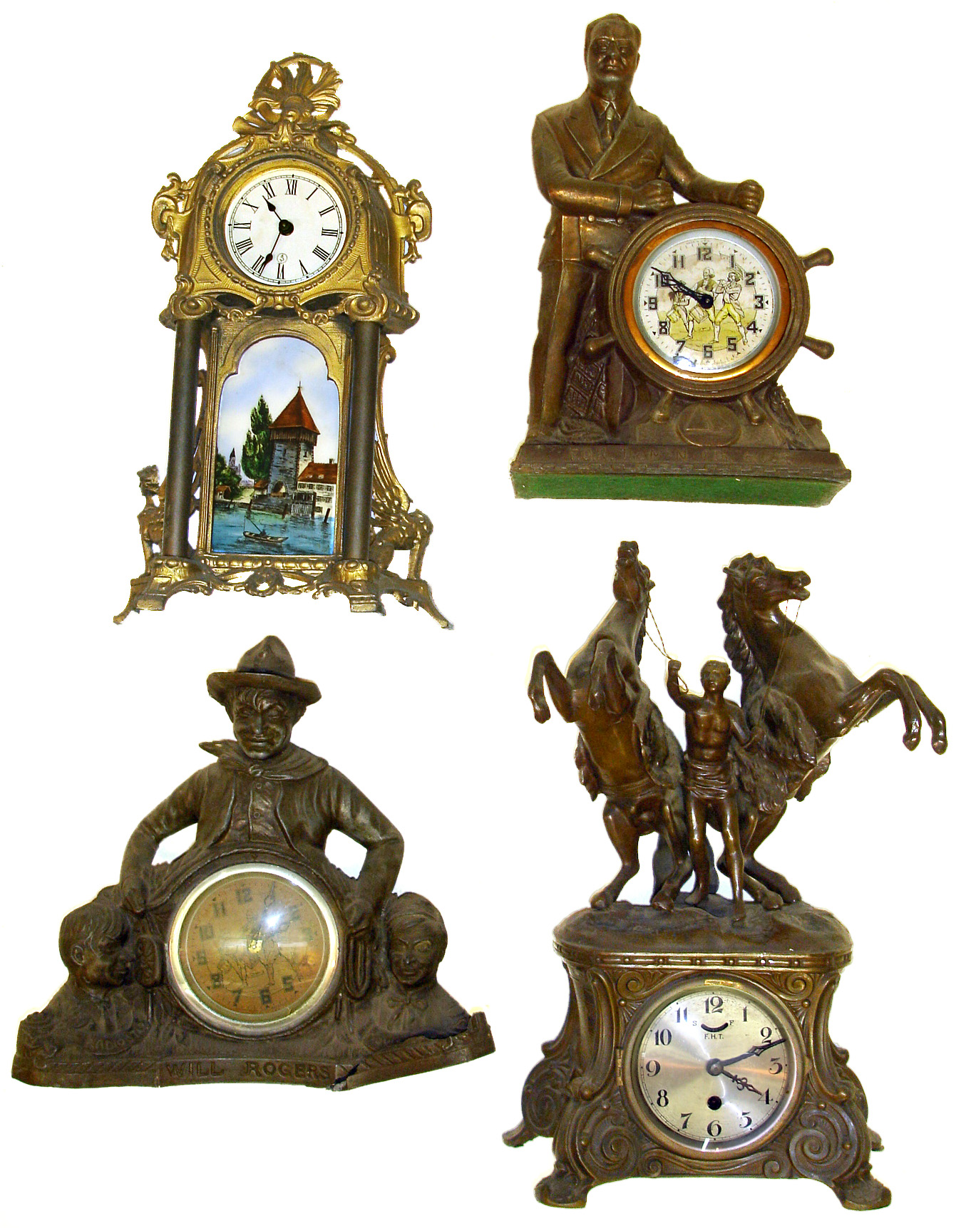 Four large cast-metal novelty clocks. Two are United Clock Co. -- FDR with animated arm on dial, other is Will Rogers. One has nice painted enamel front panel. Nicest with bronzed finish and rearing horses is 17" high. — Antique Clocks Price Guide