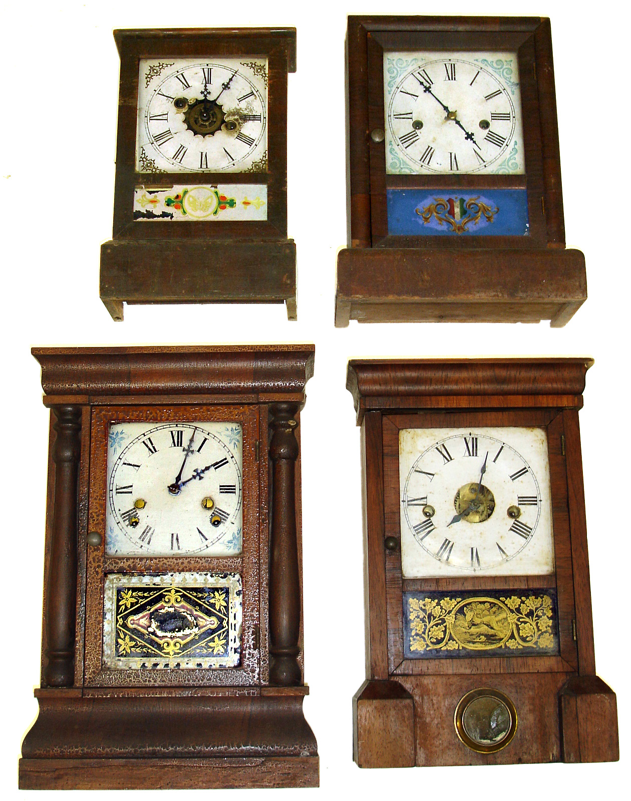 Four Connecticut 30 hour shelf clocks. Smallest is time/alarm. Waterbury cottage has nice blue glass. Seth Thomas, Plymouth Hollow, is unusual small cornice model. Largest column and cornice now has 8 day works with extra dial holes, 16" tall. — Antique Clocks Price Guide