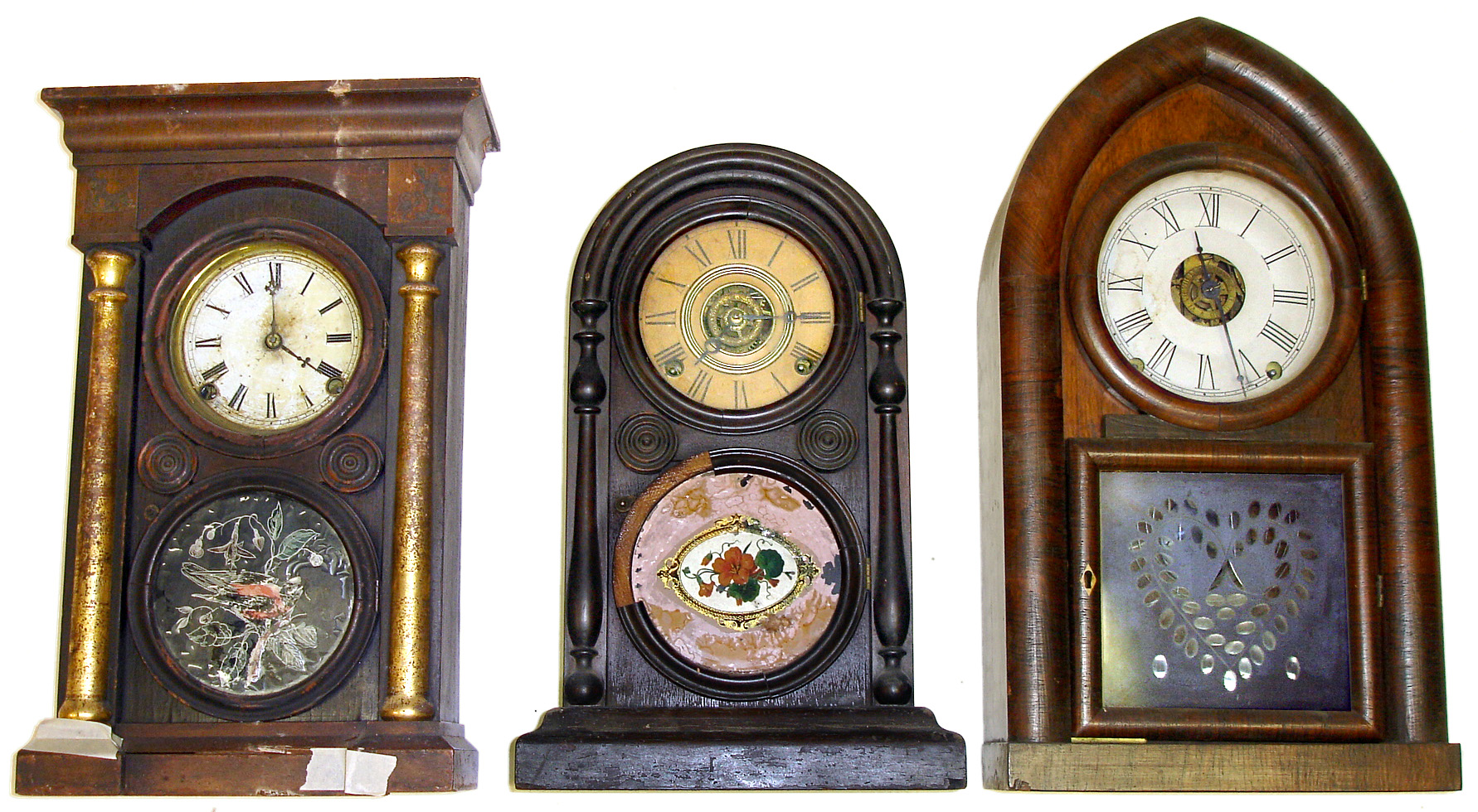 Three 8 day Connecticut Shelf Clocks. Smallest is Ingraham Venetian. Largest, Terry and Andrews beehive with original brass springs, etched glass and triangular alarm movement in base is 19" high. — Antique Clocks Price Guide