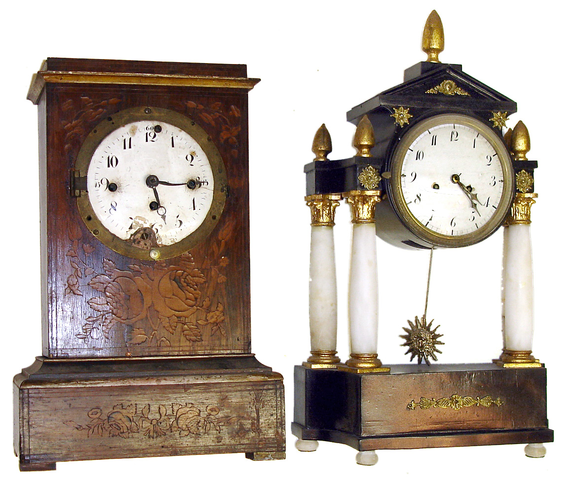 Two Austrian 19th Century 2 day mantel clocks. Inlaid wood cabinet clock has 3 train movement. Ebonized wood and alabaster columns portico clock is 18" tall. — Antique Clocks Price Guide