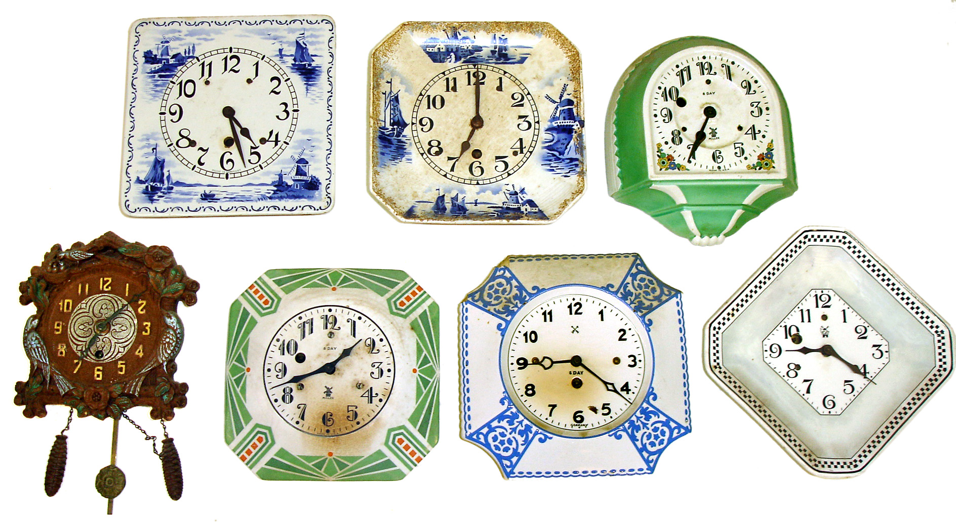 Seven small wall hanging novelty clocks. Colorful painted China and enameled metal clocks from Germany and U.S.A. 8 day, 30 hour and plug in. Largest is 9" square. — Antique Clocks Price Guide