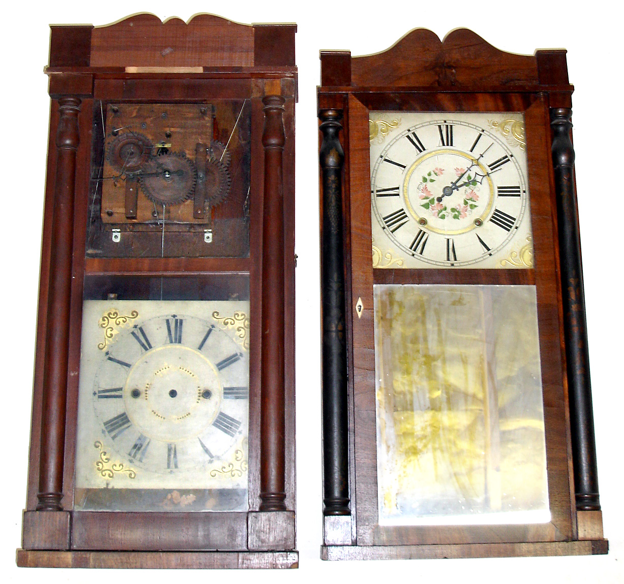 Two wooden works 30 hour weight driven shelf clocks. One is Chauncey Boardman with very nice painted dial and stenciled columns; mirror tablet is newer. Other is Burr and Chittenden, Lexington, Mass., lower glass now clear (and dial below to show movement). Both about 35" tall. — Antique Clocks Price Guide