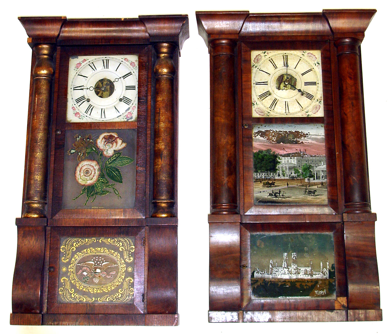 Two 8 day Connecticut column and cornice weight driven shelf clocks. One is Birge and Peck with nearly complete train label inside, old glasses showing United States Hotel, Saratoga, and Smithsonian Institute. Other is Seth Thomas, Plymouth Hollow, with nice glasses and good label. Both 33" tall. — Antique Clocks Price Guide