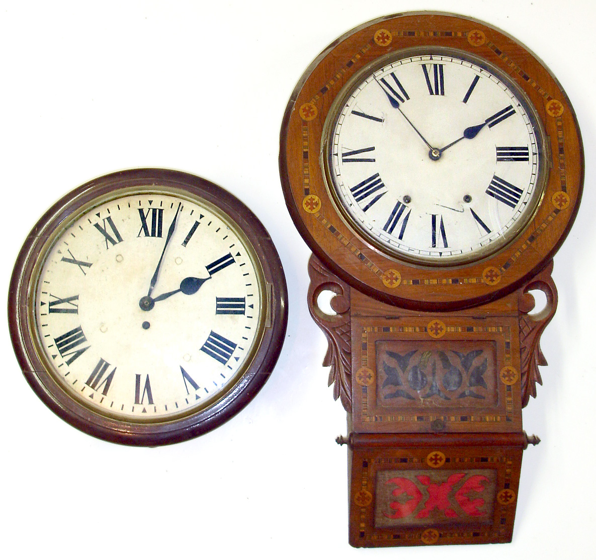 Two English 8 day wall clocks. Dial clock has robust fusee movement, 14.5" overall diameter. Inlaid Anglo American has nice New Haven inside paper label, 29" high. — Antique Clocks Price Guide