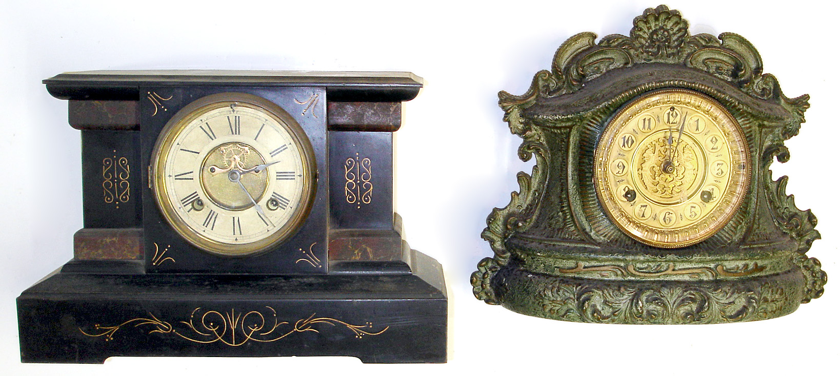 Two cast iron Connecticut 8 day mantel clocks. Both all original. Black is New Haven with visible escapement. Green is extra heavy Waterbury with gold pierced dial and most of black/gold rear paper label intact,12" tall. — Antique Clocks Price Guide