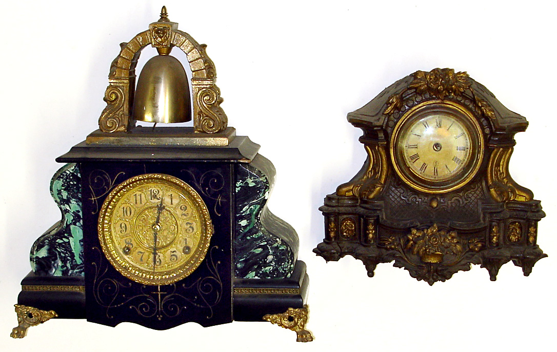 Two 8 day Connecticut mantel clocks. Smaller is scarce cast metal George B. Owen with wooden back and legible label. Gilbert "Curfew" retains bold marbleizing 17" tall. — Antique Clocks Price Guide