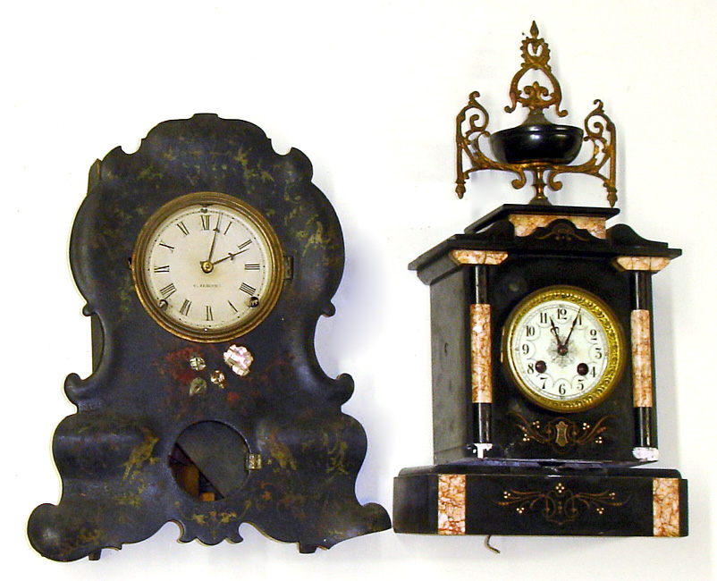 Two black 8 day mantel clocks for restoration. One is iron front with C.Jerome dial. Other is French marble with urn top and very clean bell strike movement, 19" tall. — Antique Clocks Price Guide