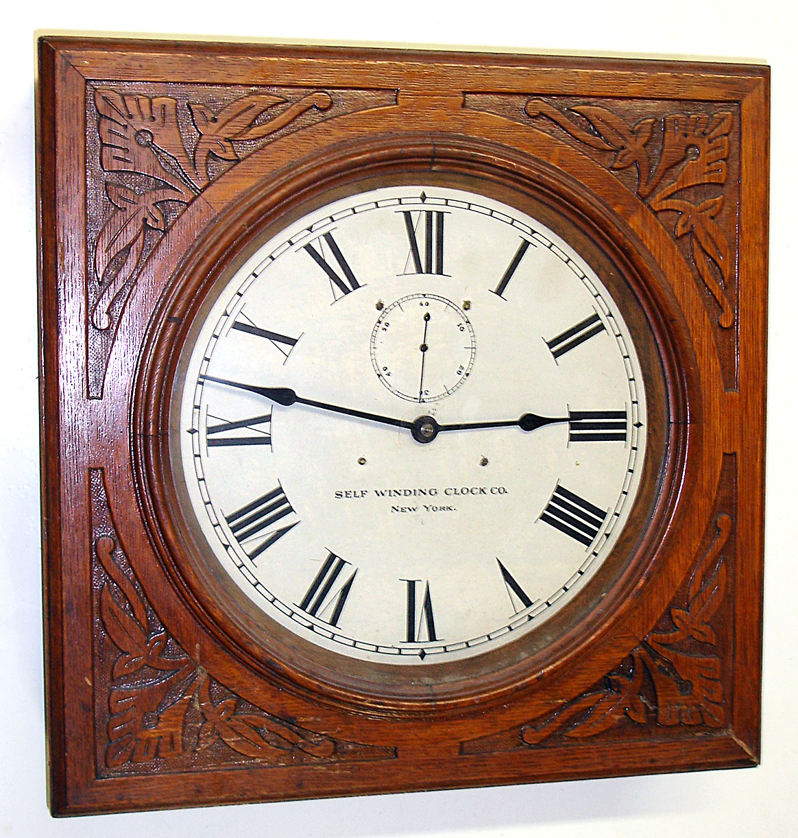 Self Winding Clock Co. square oak Western Union gallery clock, c1930. — Antique Clocks Price Guide