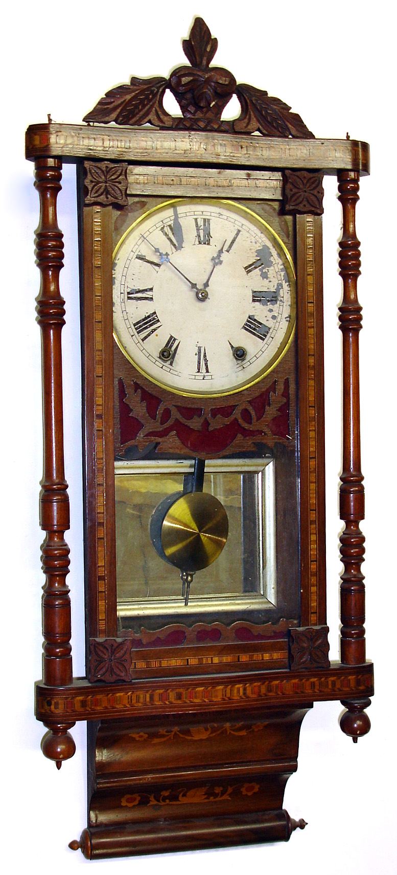 Anglo American inlaid wall clock, New Haven 8 day movement, c1890. — Antique Clocks Price Guide