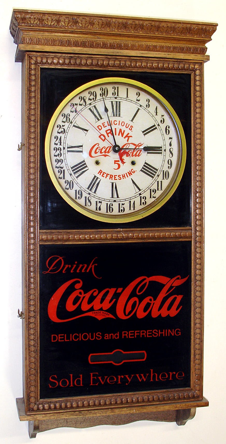 Oak Coca Cola store regulator, modern reproduction. — Antique Clocks Price Guide