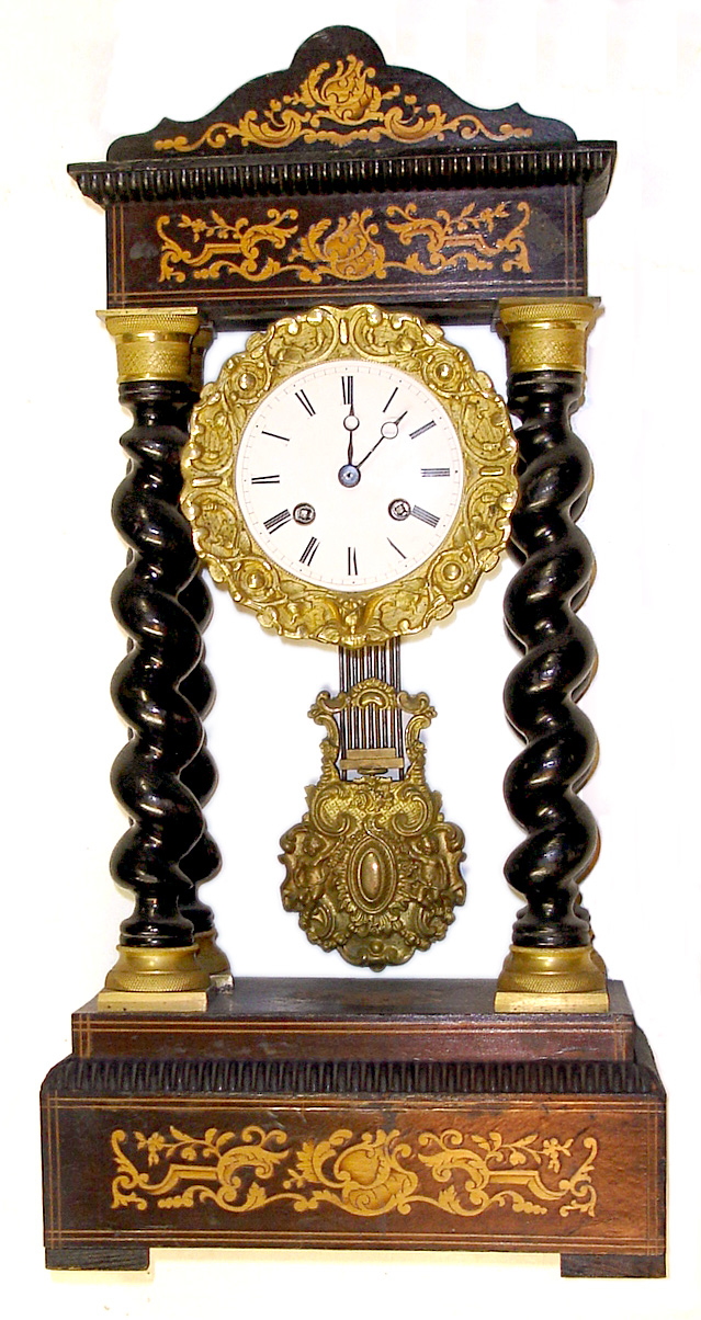 French inlaid wood portico clock, c1880 — Antique Clocks Price Guide