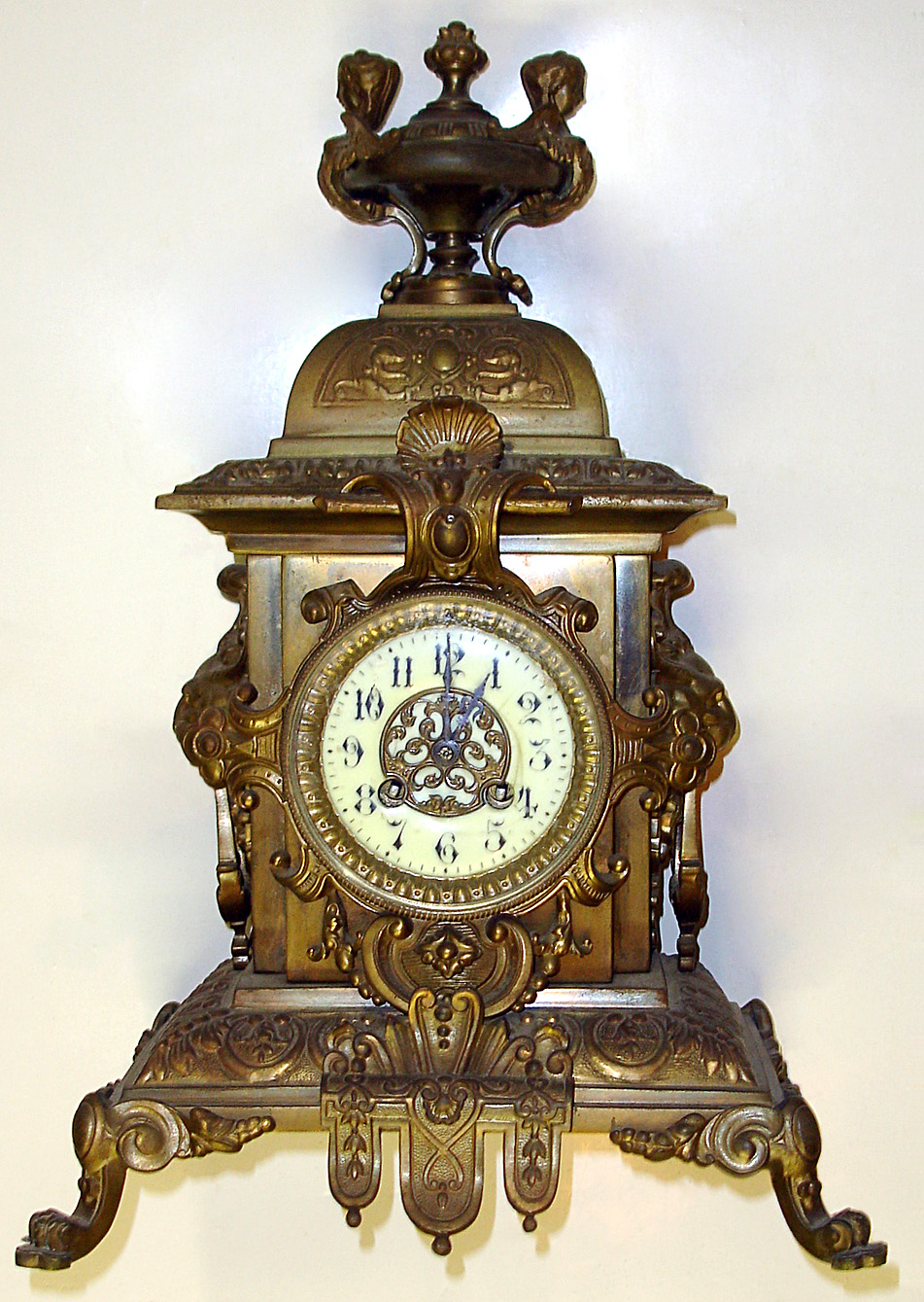 French ornate cast brass 8 day mantel clock, c1880. — Antique Clocks Price Guide