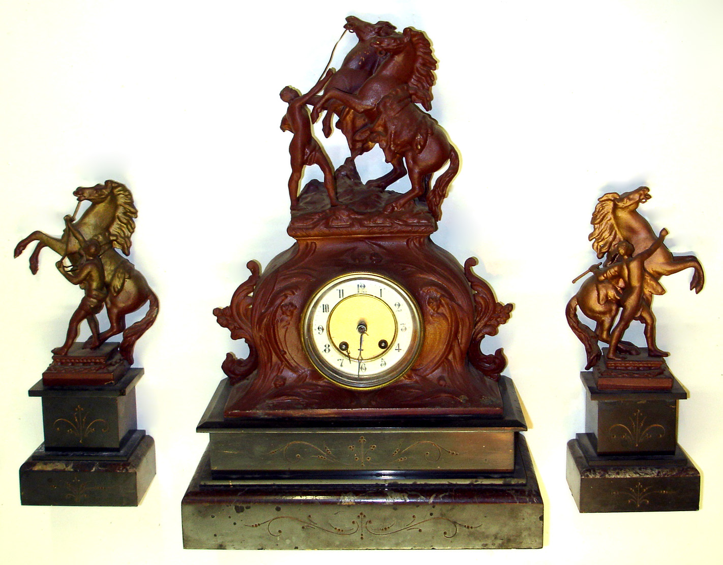 French marble equestrian figural garniture 8 day 3 piece clock set, c1890. — Antique Clocks Price Guide