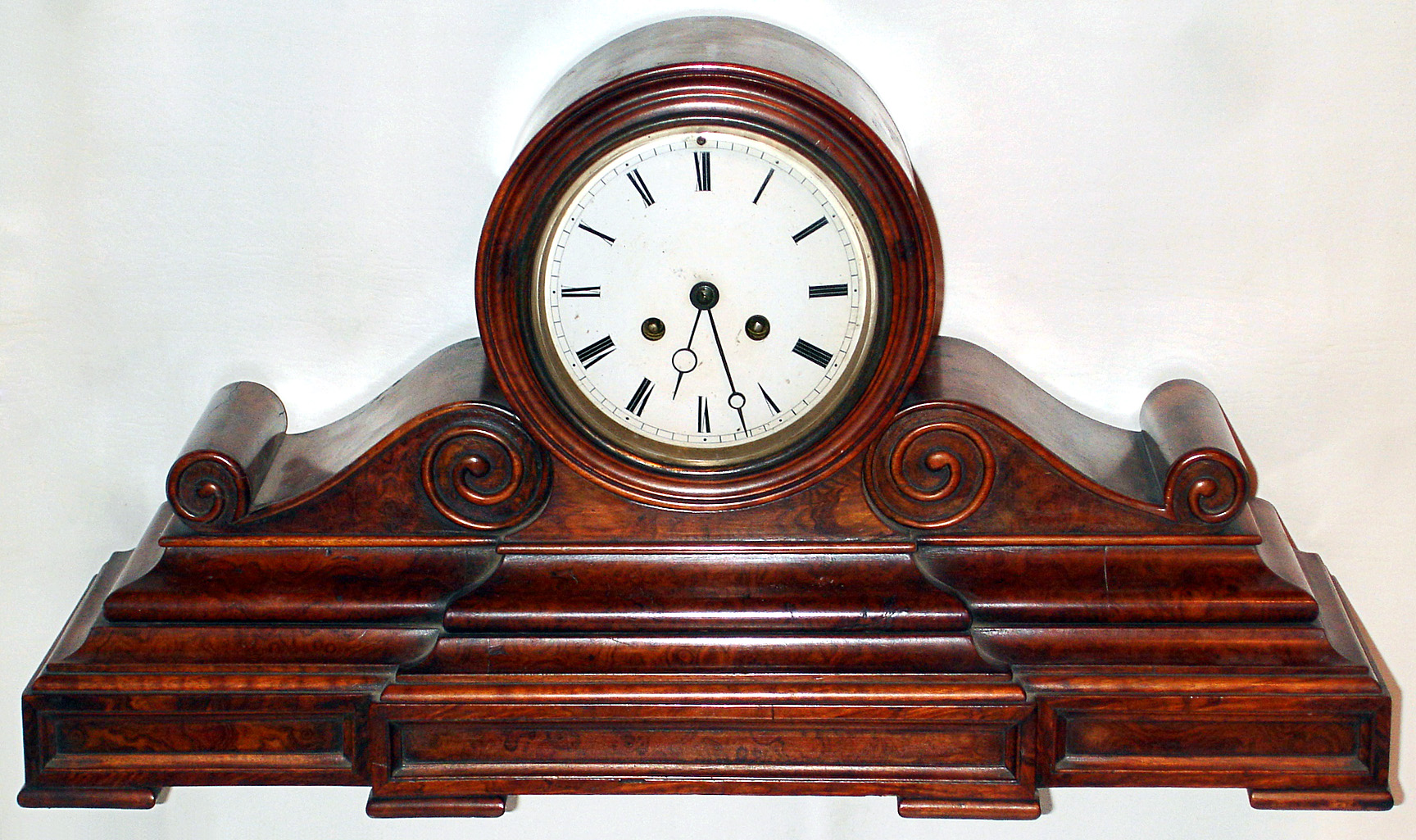 French burl veneer tambour 8 day mantel clock, c1890. — Antique Clocks Price Guide