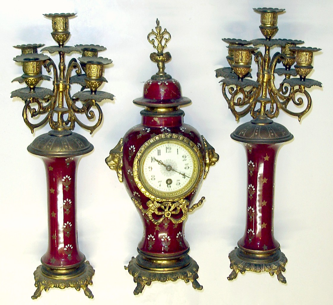 French enameled cast metal 8 day clock and candelabra set, c1900. — Antique Clocks Price Guide