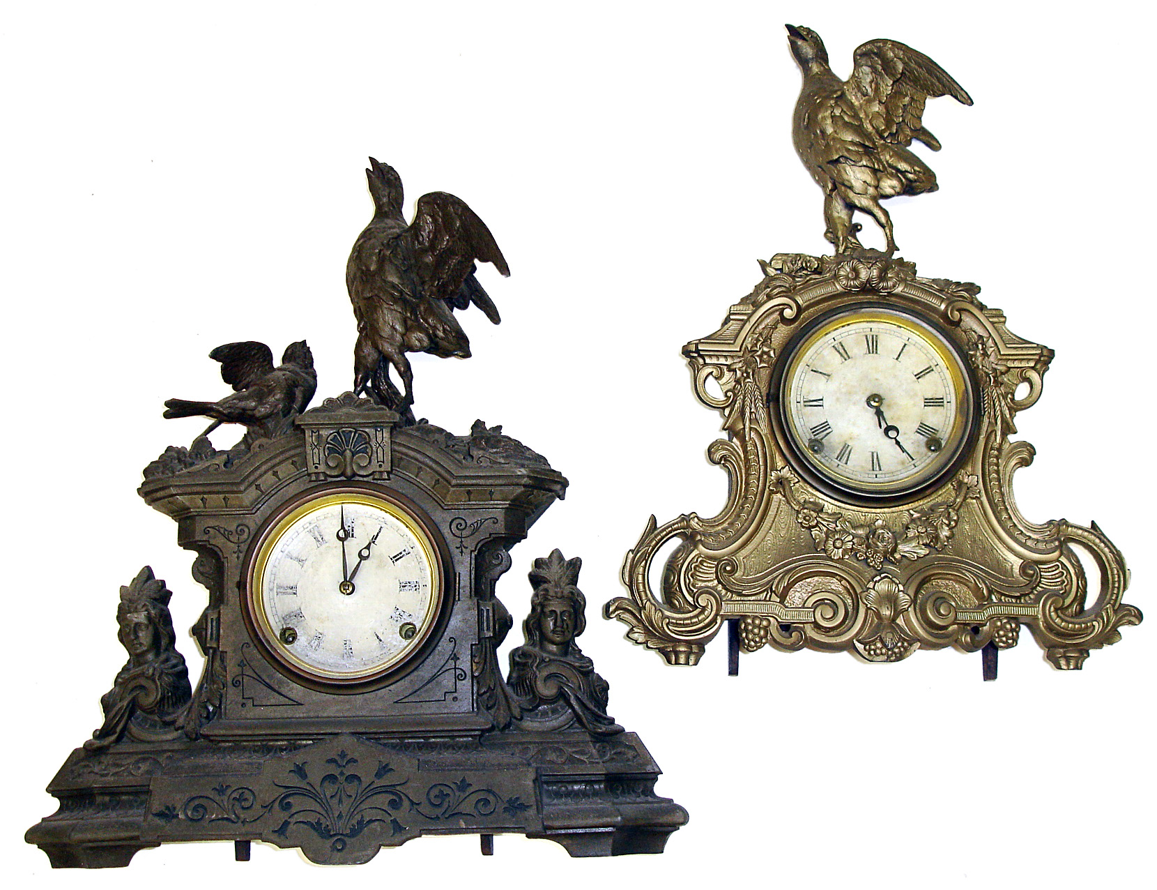 Two Connecticut 8 day bird top cast metal mantel clocks. Detailed heavy fronts and tops with similar bold stance open beak birds. Wooden boxed sides and back. Tallest is 19". — Antique Clocks Price Guide