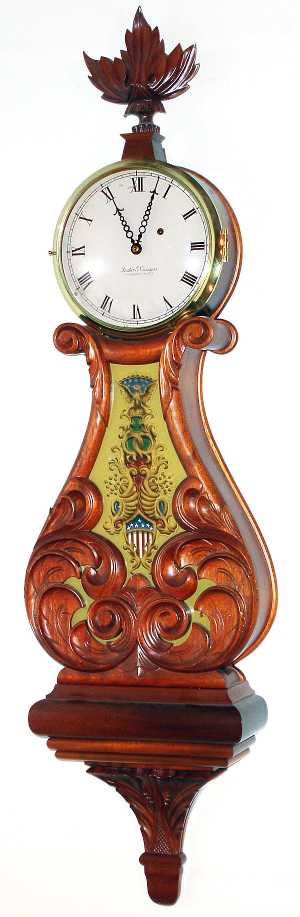 Foster Campos, Pembroke, Mass., "Lyre Banjo" 8 day mahogany weight driven timepiece. c1989 — Antique Clocks Price Guide