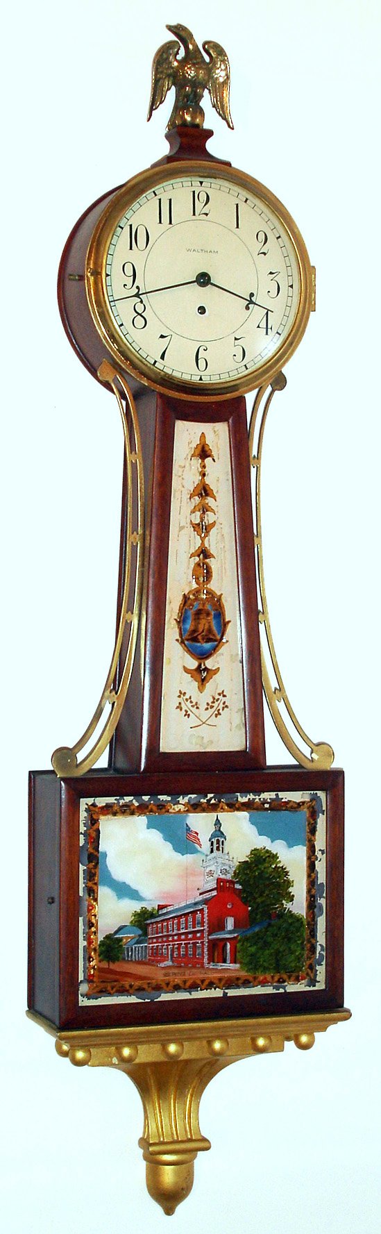 Waltham Clock Co., Waltham, Mass., full size banjo timepiece 8 day spring driven time only movement with lever escapement in mahogany case, c1930 — Antique Clocks Price Guide