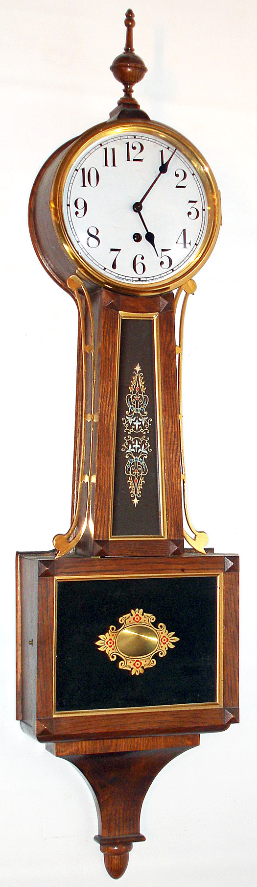 Waterbury Clock Co., Waterbury, Conn., "Willard No. 1" banjo wall clock 8 day time only weight driven movement in oak case, c1906 — Antique Clocks Price Guide