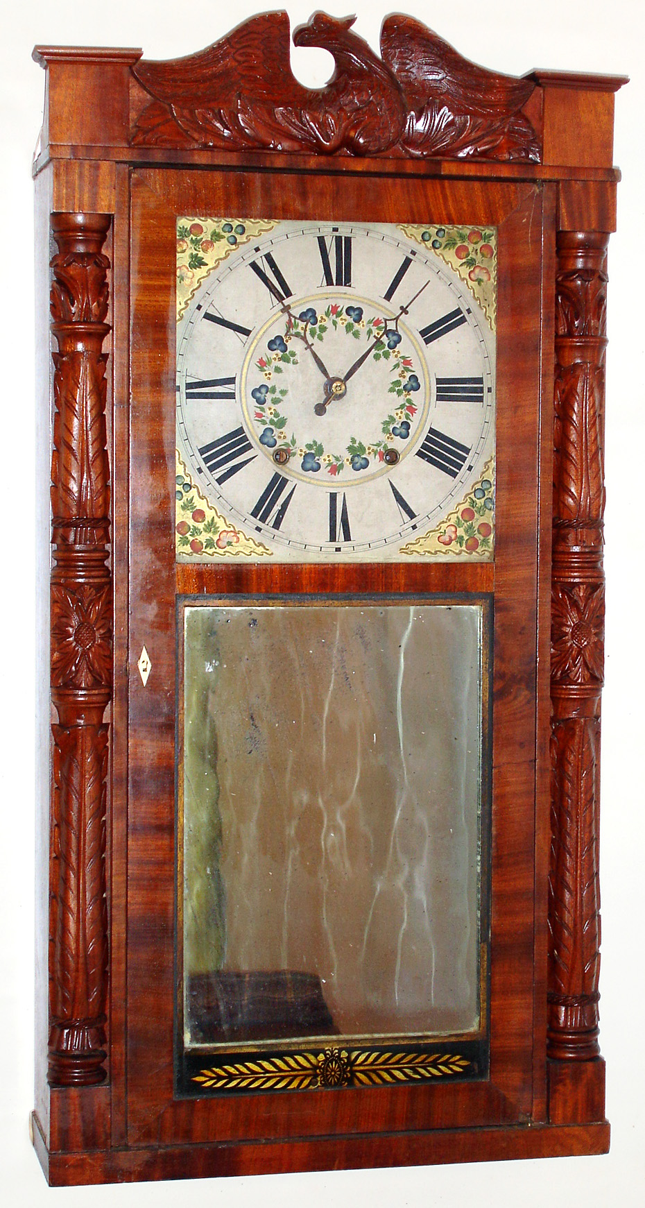Jeromes and Darrow, Bristol, Conn, 8 day time and strike wooden weight driven movement carved column and splat shelf clock, c1835 — Antique Clocks Price Guide