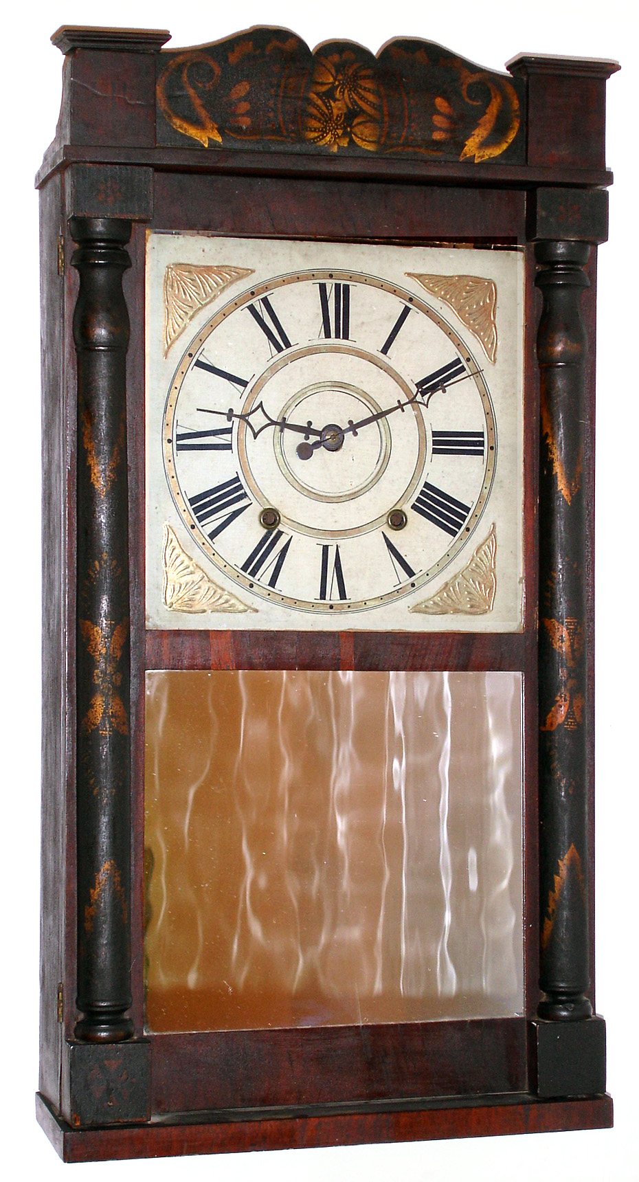 Henry Hart, Goshen, Conn. 30 hour wooden works stenciled column and splat mirror shelf clock, c1833. — Antique Clocks Price Guide