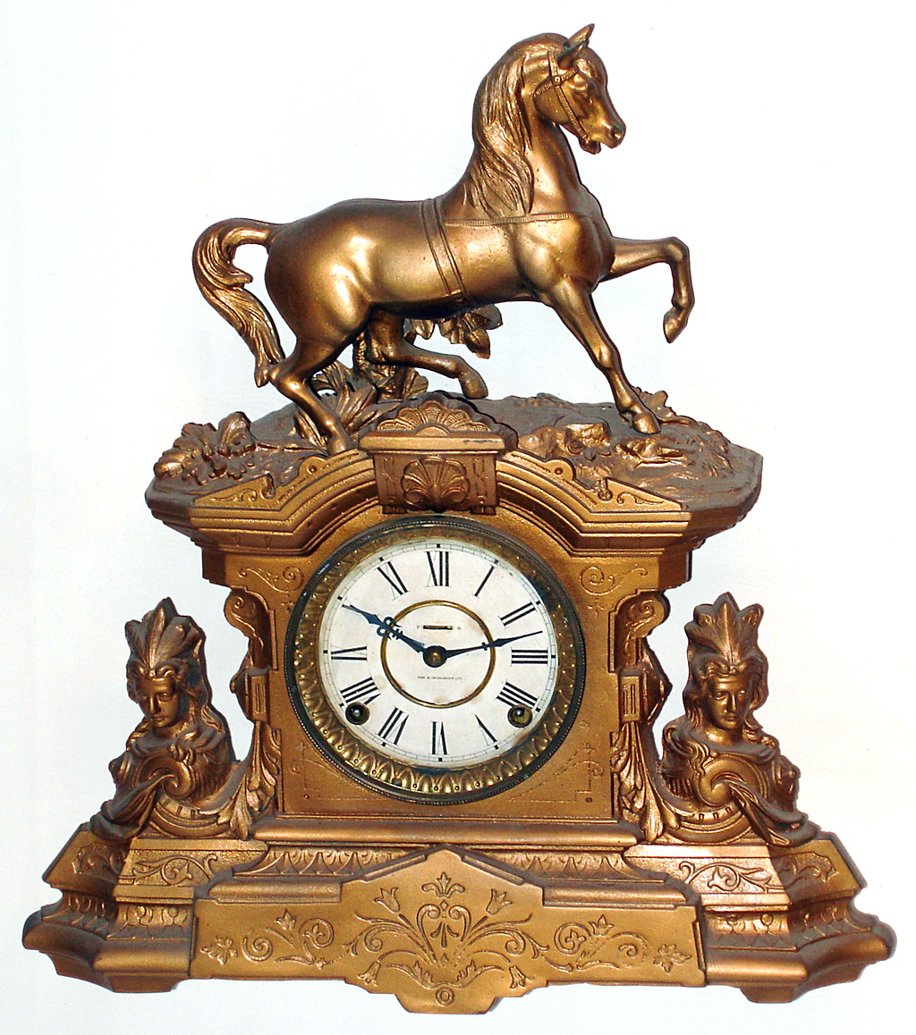Kroeber Dexter bronze figural case now with E. Ingraham Co., Bristol, Conn.8 day time and strike movement and dial, c.1880. — Antique Clocks Price Guide