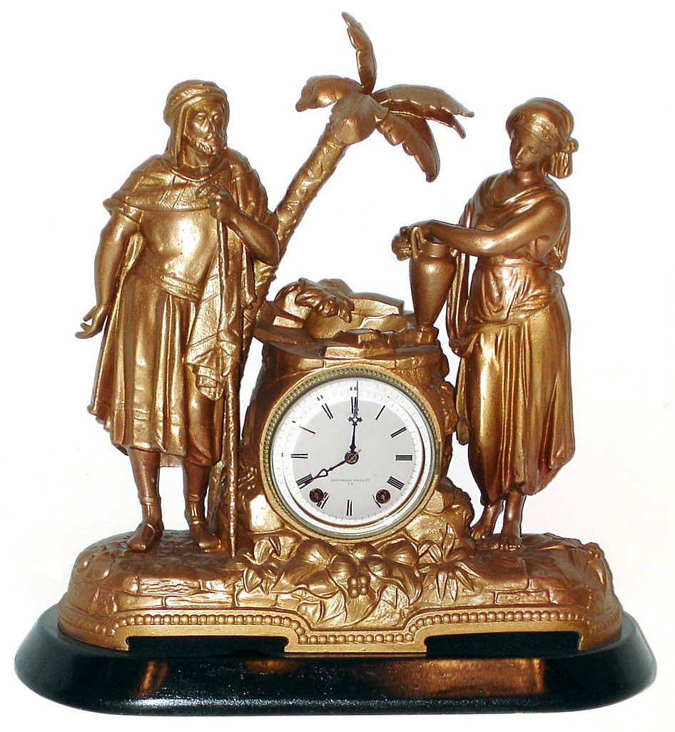 Seth Thomas and Sons No. 8003 double figure cast metal 15 day time and strike mantel clock, c1872. — Antique Clocks Price Guide