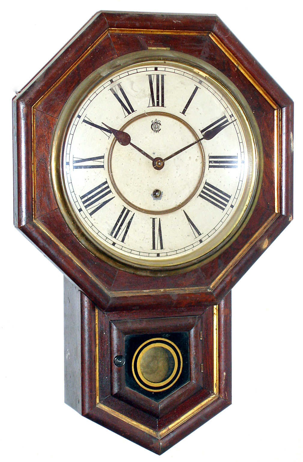 Waterbury Drop Octagon Gilt 8 day time only rosewood veneer school clock, c1893 — Antique Clocks Price Guide