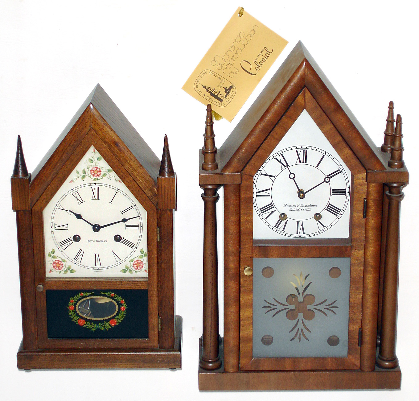 Two modern 8 day time and strike German movement mahogany steeple clocks. — Antique Clocks Price Guide