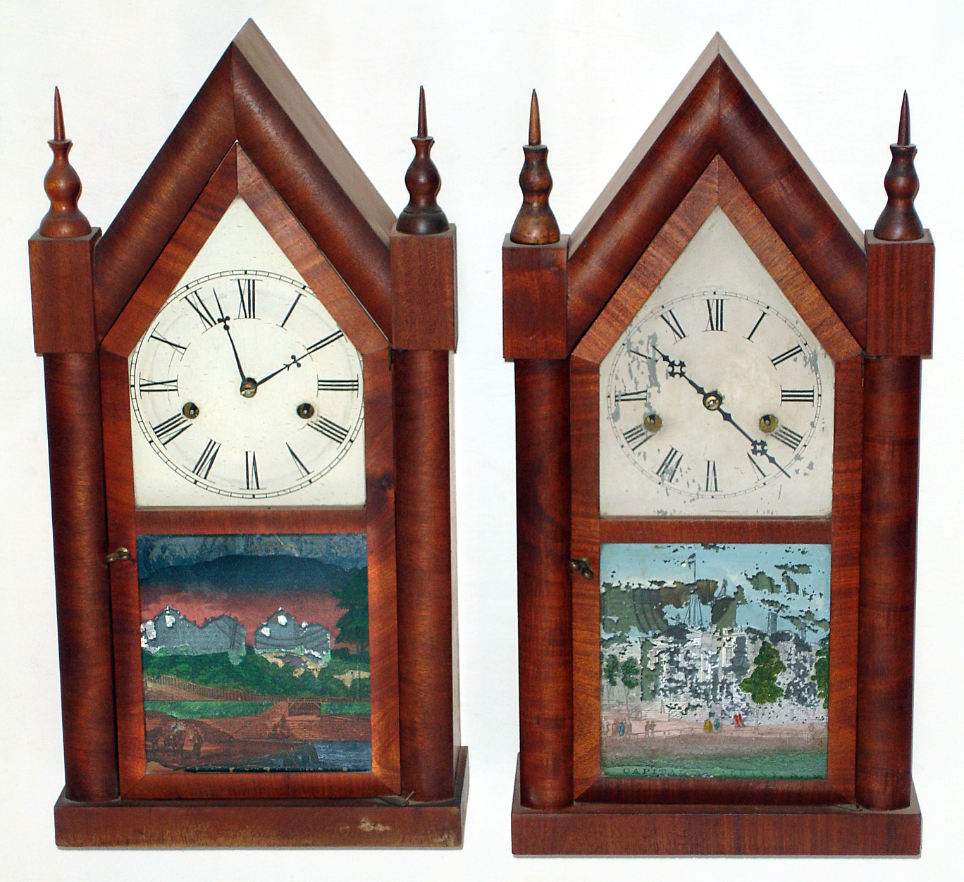 Two Connecticut steeple clocks: Welch and Forestville 30 hour time and strike mahogany veneer, mid-19th century — Antique Clocks Price Guide