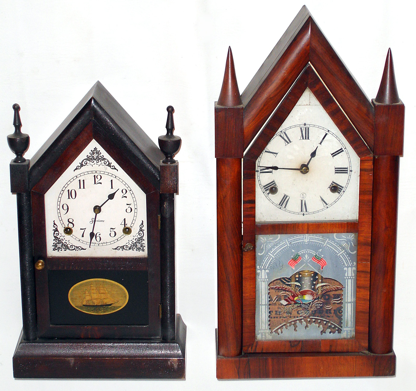 Two Connecticut shelf clocks, a Sessions steeple clock C.1930, and a Smith and Goodrich 8 day time and strike spring C.1850 — Antique Clocks Price Guide