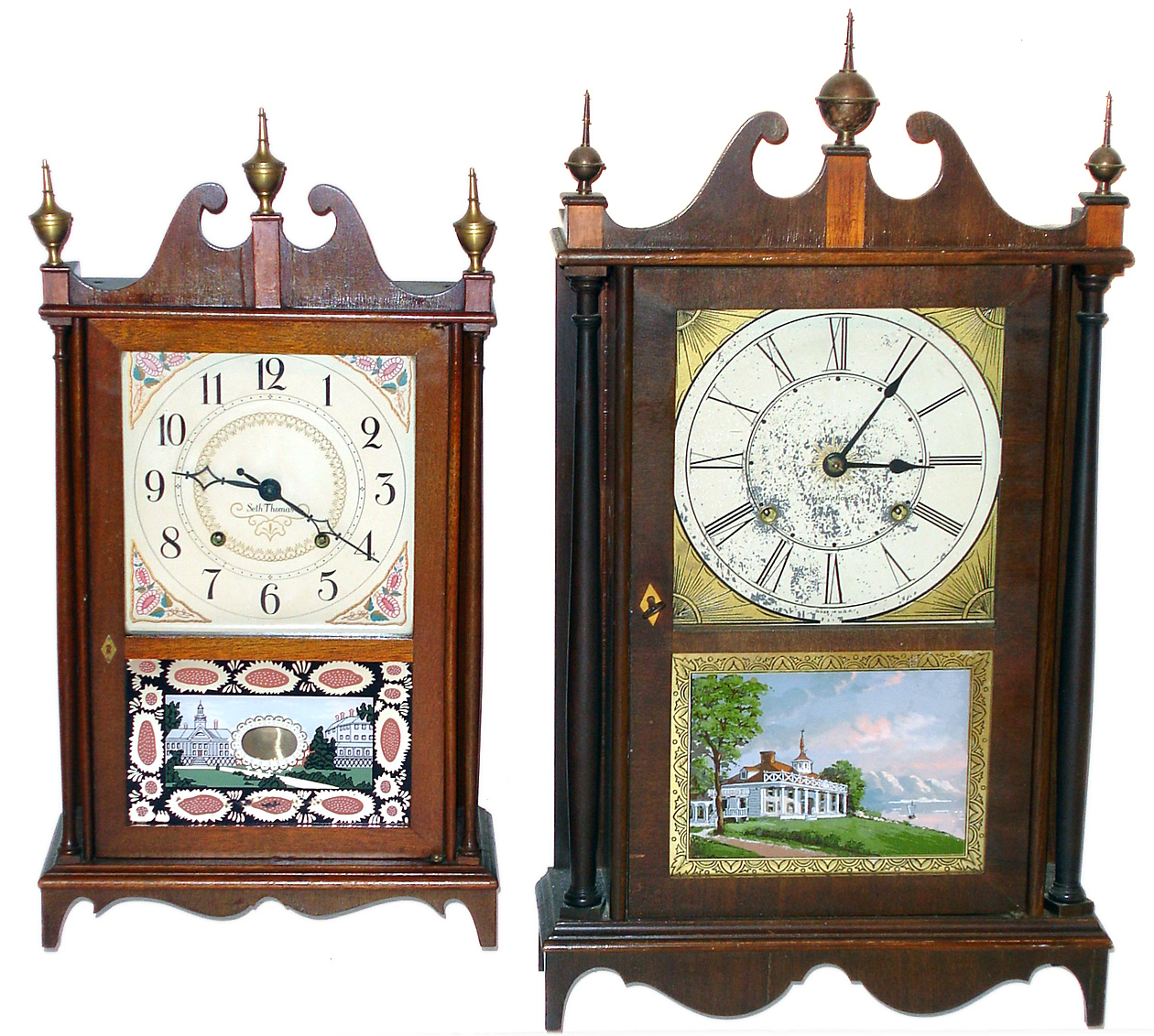 Two Seth Thomas 8 day time and strike mahogany pillar and scroll shelf clocks, 20th century. — Antique Clocks Price Guide