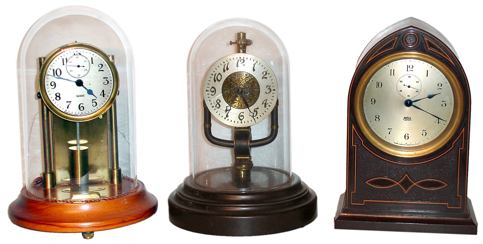 Three- Poole, Barr, Bulle; electromagnetic battery powered mantel clocks, early 20th century, 11" high. — Antique Clocks Price Guide
