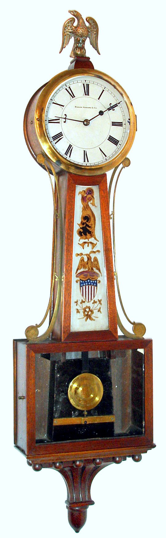 E. Howard and Co., Boston, Mass. "Banjo No. 95" retailed by Bigelow, Kennard and Co. with 8 day time only weight driven nickel plated movement in mahogany case with reverse painted throat glass and painted metal dial, c1925 — Antique Clocks Price Guide
