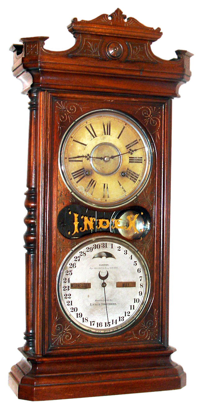 Ithaca Calendar Clock Co, Ithaca, NY, "Index" large model calendar clock manufactured for Lynch Brothers 8 day time and strike spring driven movement with perpetual calendar in mahogany case. Both dials are papered metal, c1870 — Antique Clocks Price Guide