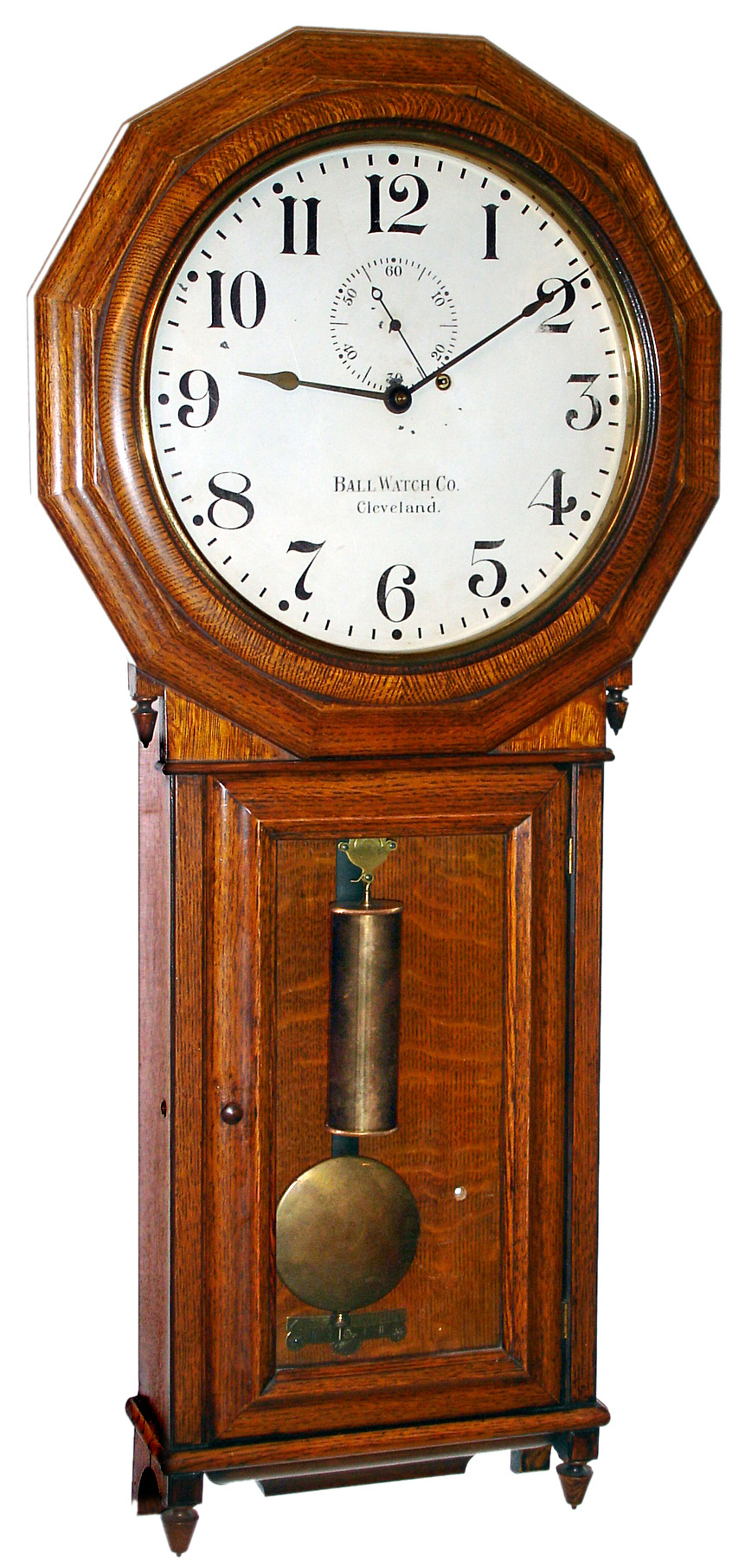 Seth Thomas Clock Co., Thomaston, Conn., "No. 3 Wall Regulator" manufactured for the Ball Watch Co., Cleveland, Ohio with 8 day time only weight driven movement with maintaining power in oak case with painted metal dial, c1900 — Antique Clocks Price Guide