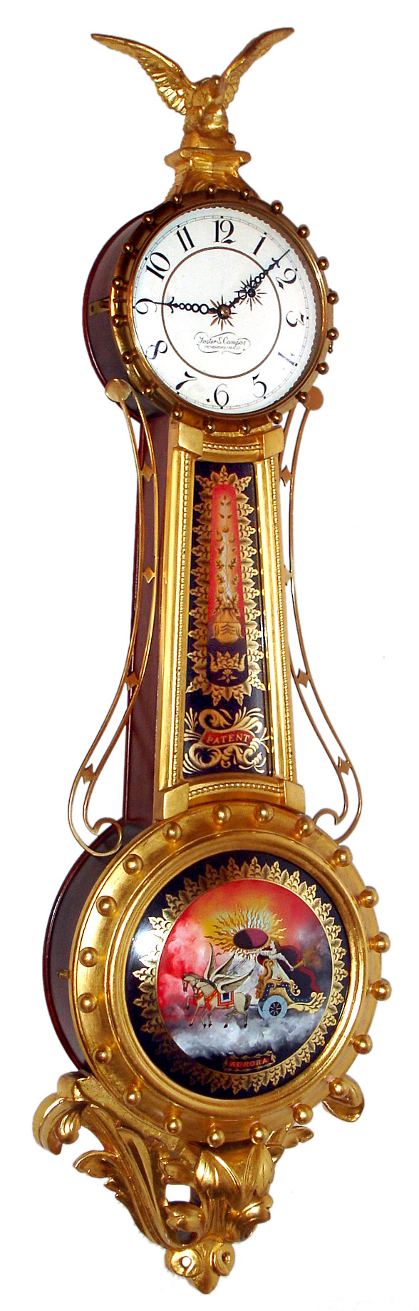 Foster Campos, Pembroke, Mass., "Girandole" wall clock 8 day time only weight driven movement in gold leafed mahogany case with convex reverse painted throat and lower Aurora tablets and painted metal dial, dated 1989 — Antique Clocks Price Guide