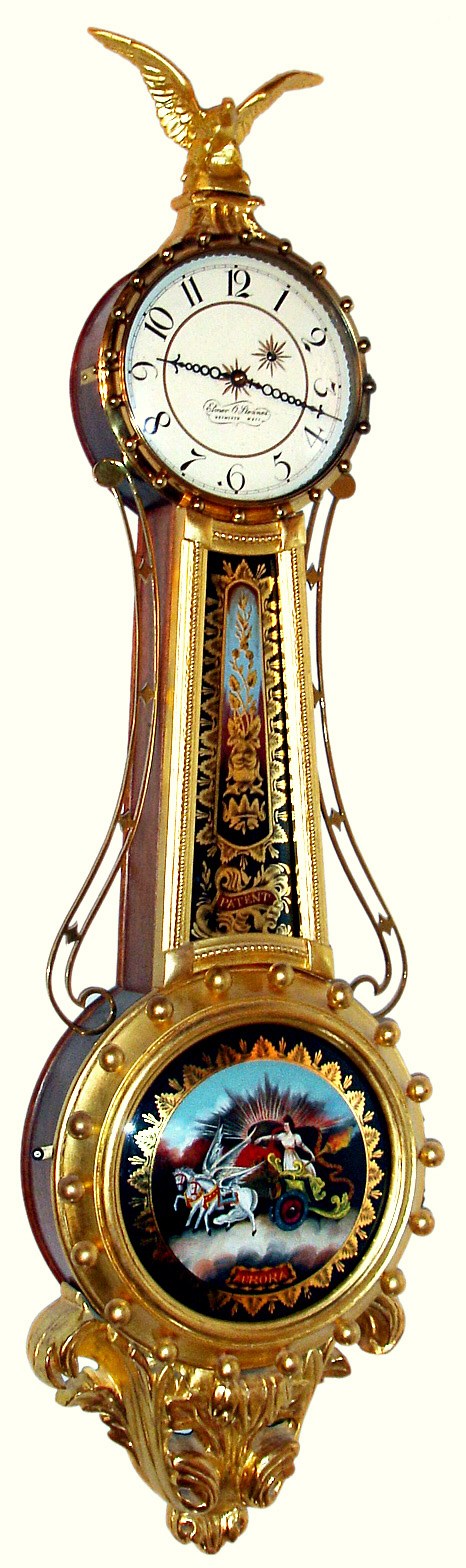 Elmer O. Stennes, Weymouth, Mass., "Girandole" wall clock 8 day time only weight driven movement in gold leafed mahogany case stamped "OOB" for "Out on Bail" with convex reverse painted throat and lower Aurora tablets and painted metal dial, c1969 — Antique Clocks Price Guide