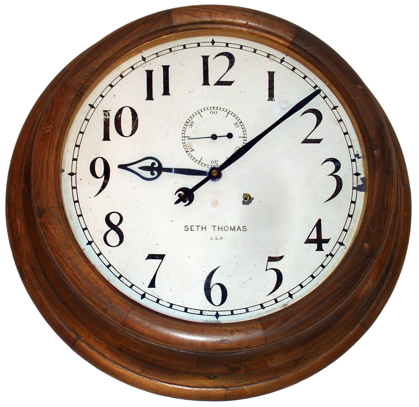 Seth Thomas Clock Co., Thomaston, Conn., "18" Gallery" wall clock 15 day time only double wind spring driven movement likely in walnut case with painted metal dial, c1900 — Antique Clocks Price Guide