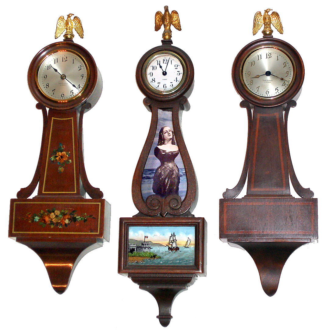 Three Seth Thomas mahogany 8 day time only mini banjo clocks, early 20th century. — Antique Clocks Price Guide