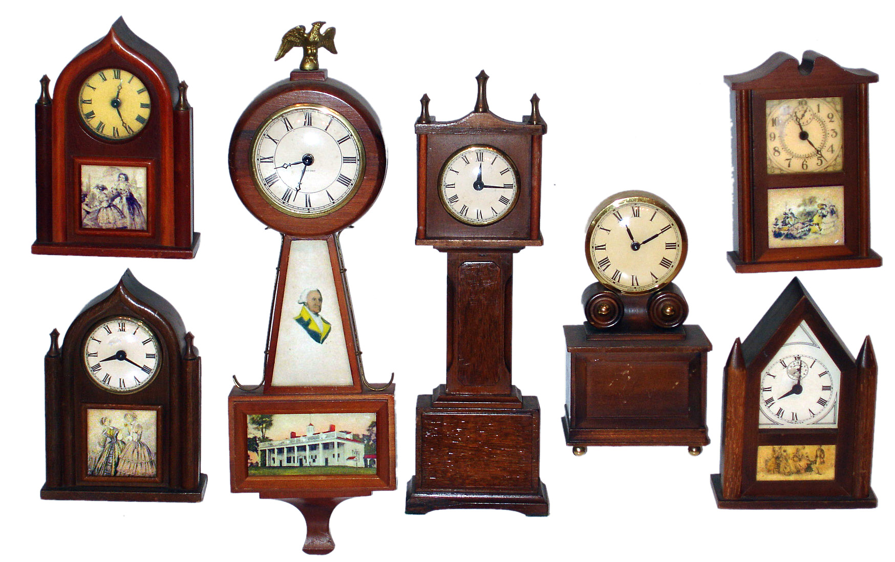 Seven Burroughs wood novelty clocks. — Antique Clocks Price Guide